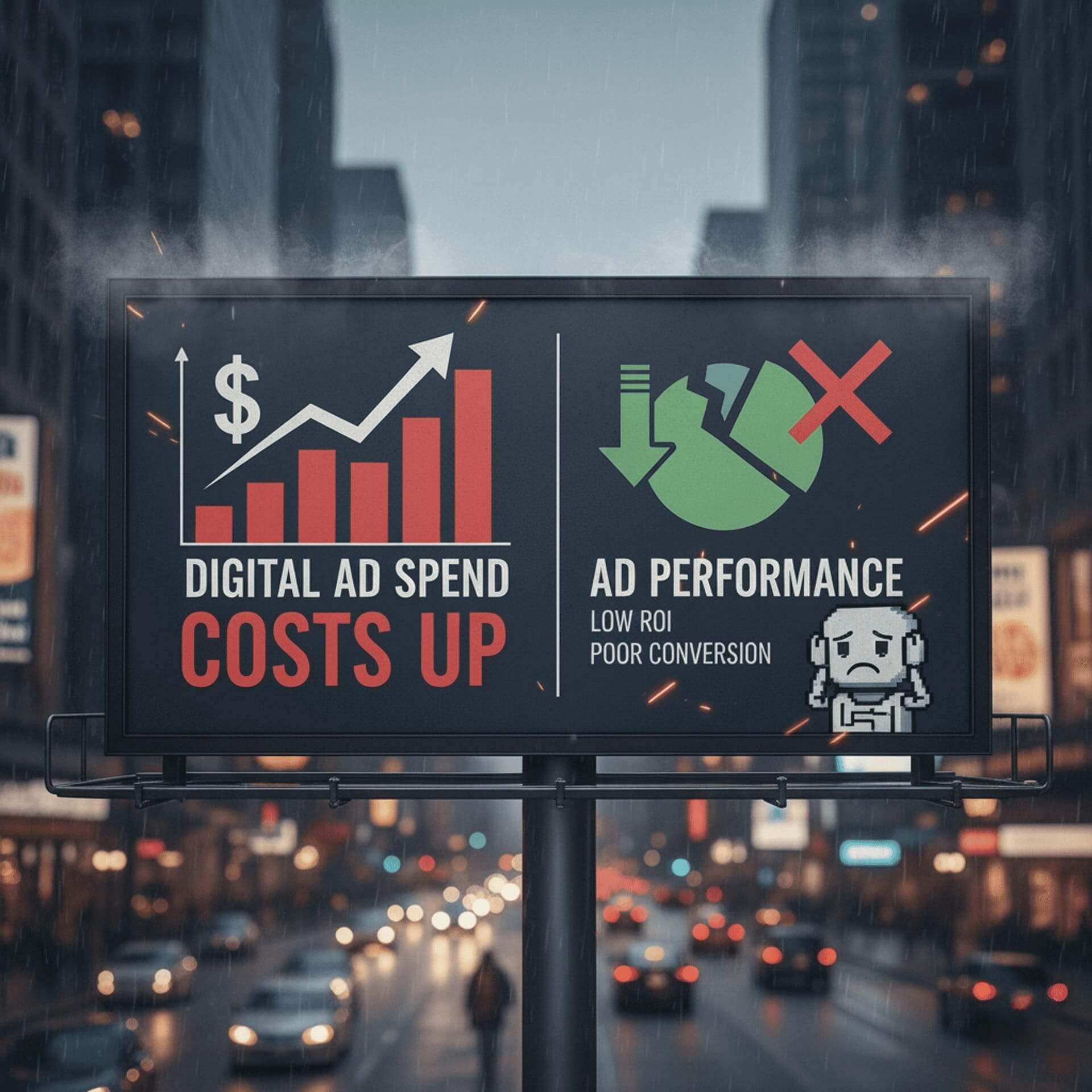 Graph showing declining digital advertising ROI and rising costs over time