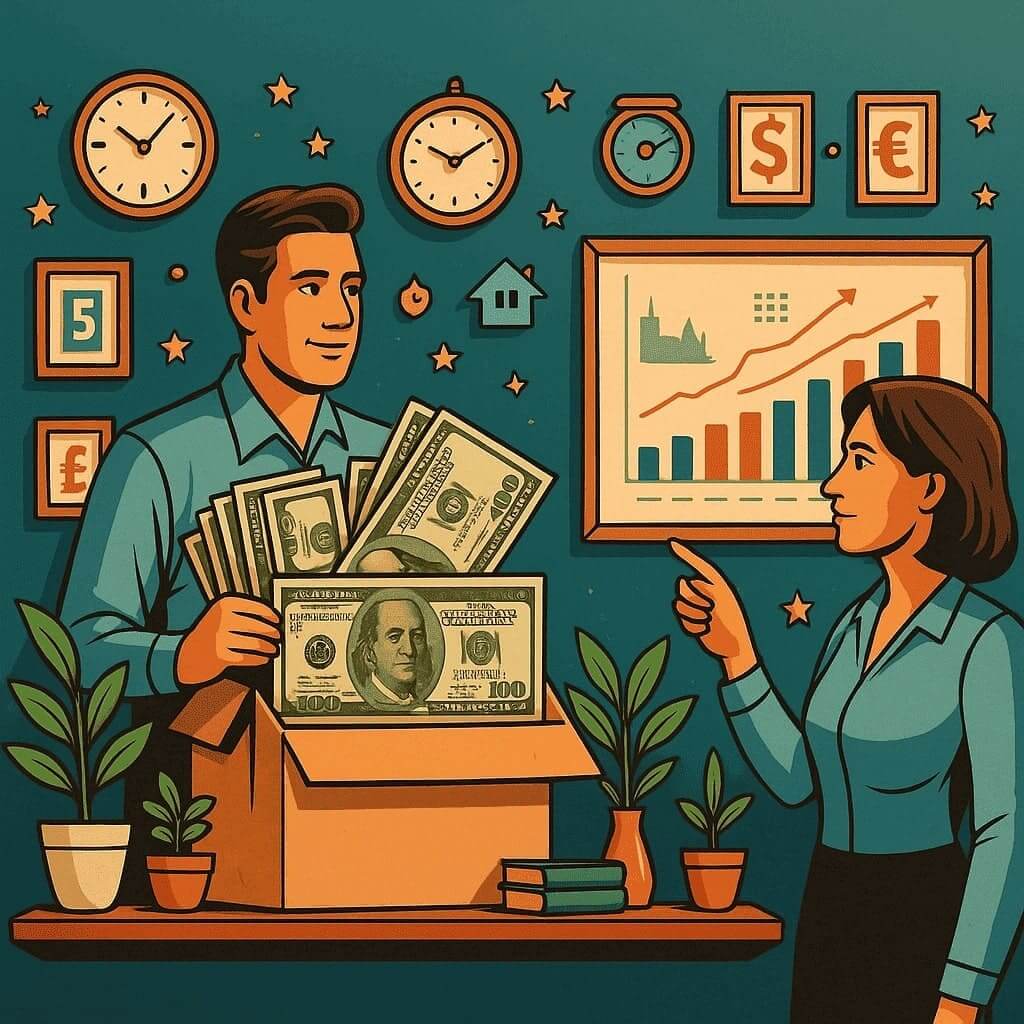 Business owner reviewing successful postcard marketing campaign results