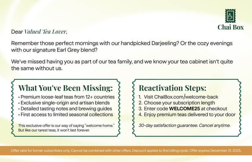 ChaiBox postcard back with subscription details and customer address