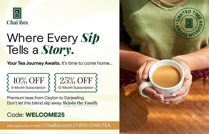 ChaiBox subscription service postcard front showing tea product varieties