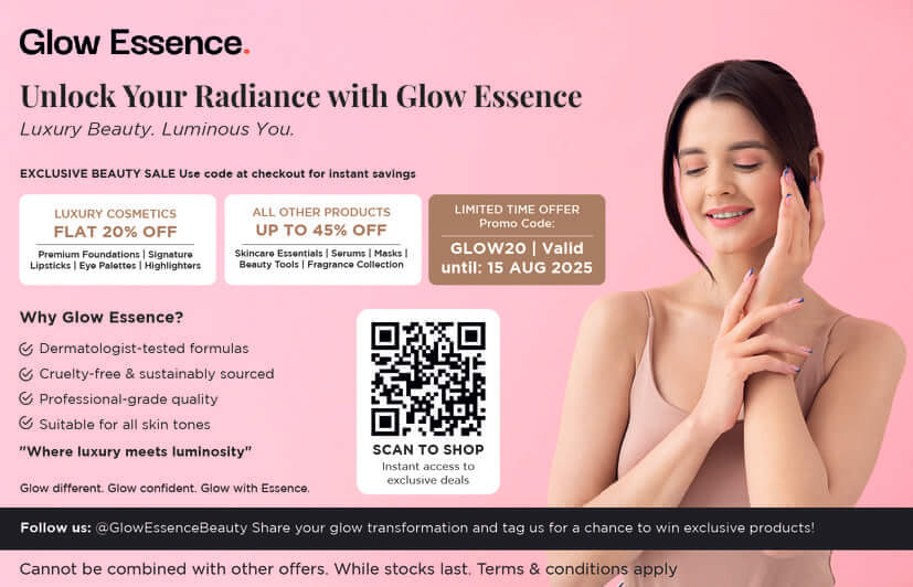 Glow Essence beauty brand postcard with elegant product photography and promotional offer