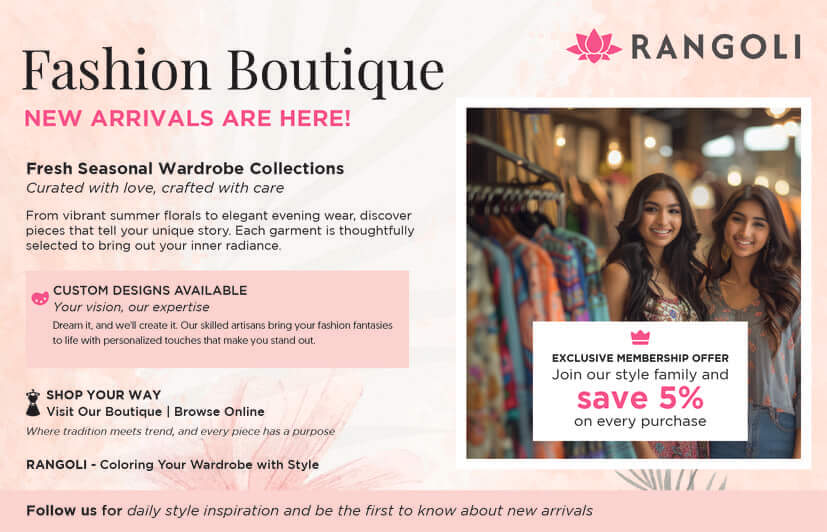 Rangoli Fashion boutique postcard showcasing seasonal clothing collection