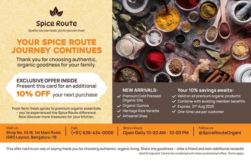 Spice Route restaurant postcard with Indian cuisine menu specials